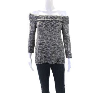 Roi Womens Knit Boucle Off Shoulder 3/4 Sleeve Sweater Black White Size Small